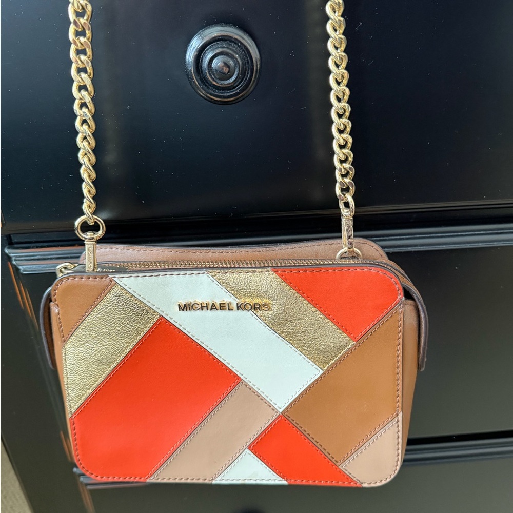 Michael Kors Orange, Gold, and Tan Crossbody Bag